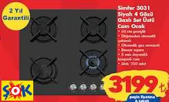 SİMFER 3031 SİYAH 4 GÖZÜ GAZLI SET ÜSTÜ CAM OCAK